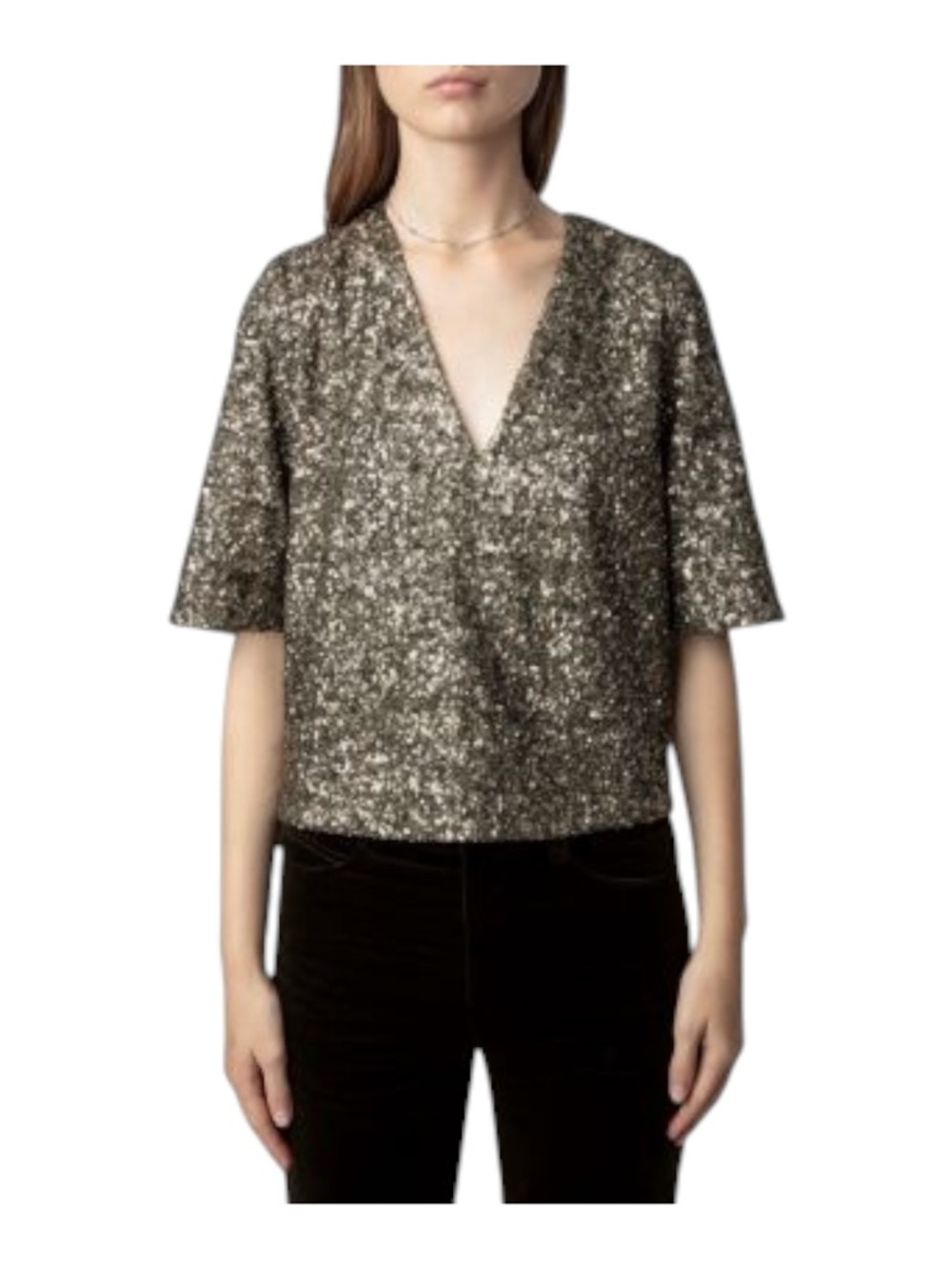 Zadig & Voltaire Tytane Sequin Top Bronze V-Neck Blouse Size S NWT $498